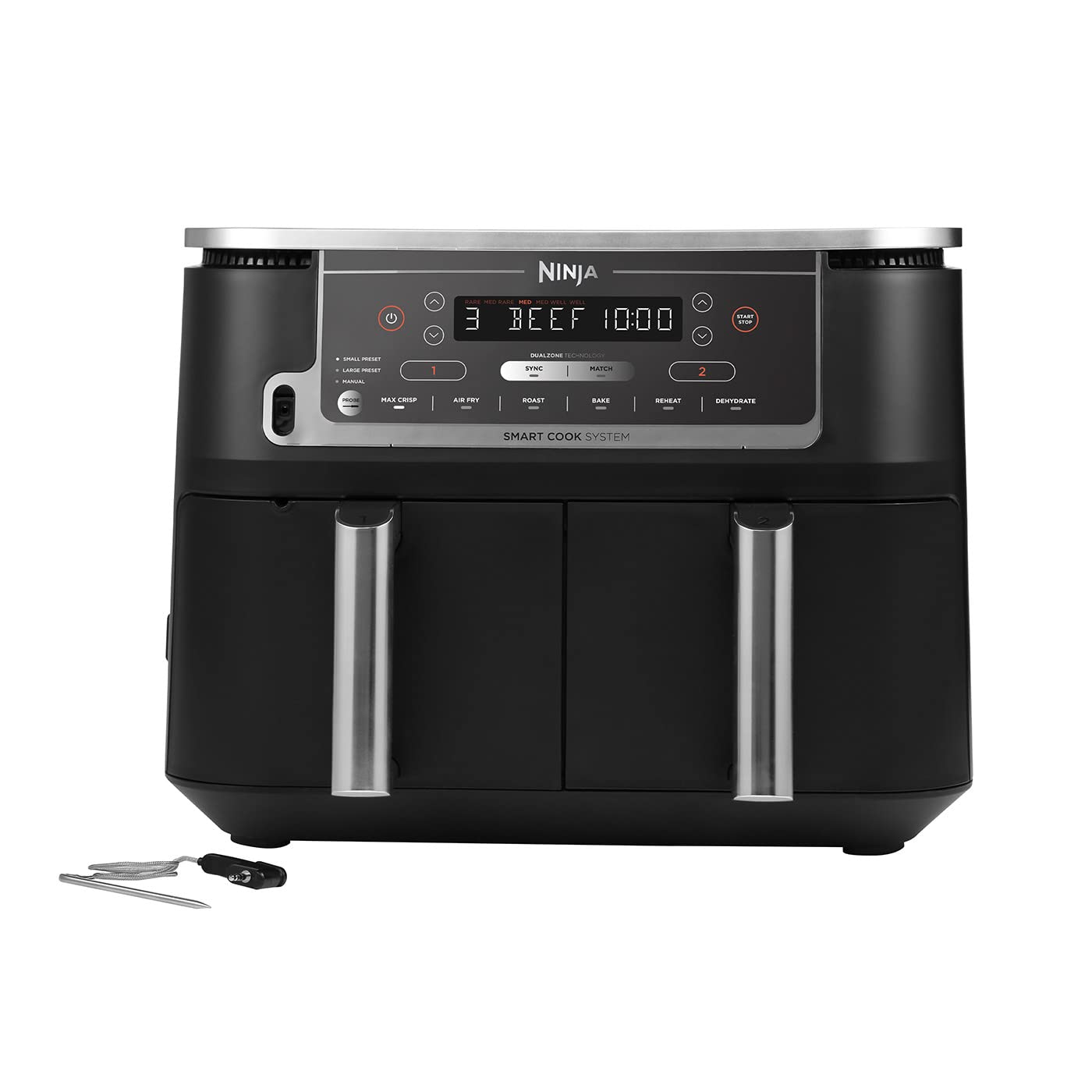 Ninja Foodi Dual Zone Digital Air Fryer, 2 Drawers, 7.6L, 6-in-1, Uses No Oil, Air Fry, Max Crisp, Roast, Bake, Reheat, Dehydrate, Cooks 4-6 Portions, Non-Stick, Dishwasher Safe Baskets, Black AF300UK