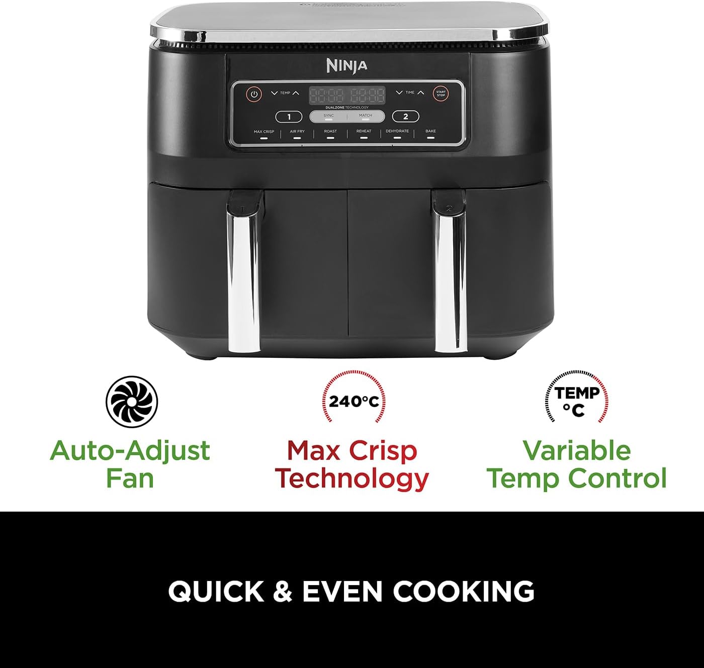 Ninja Foodi Dual Zone Digital Air Fryer, 2 Drawers, 7.6L, 6-in-1, Uses No Oil, Air Fry, Max Crisp, Roast, Bake, Reheat, Dehydrate, Cooks 4-6 Portions, Non-Stick, Dishwasher Safe Baskets, Black AF300UK