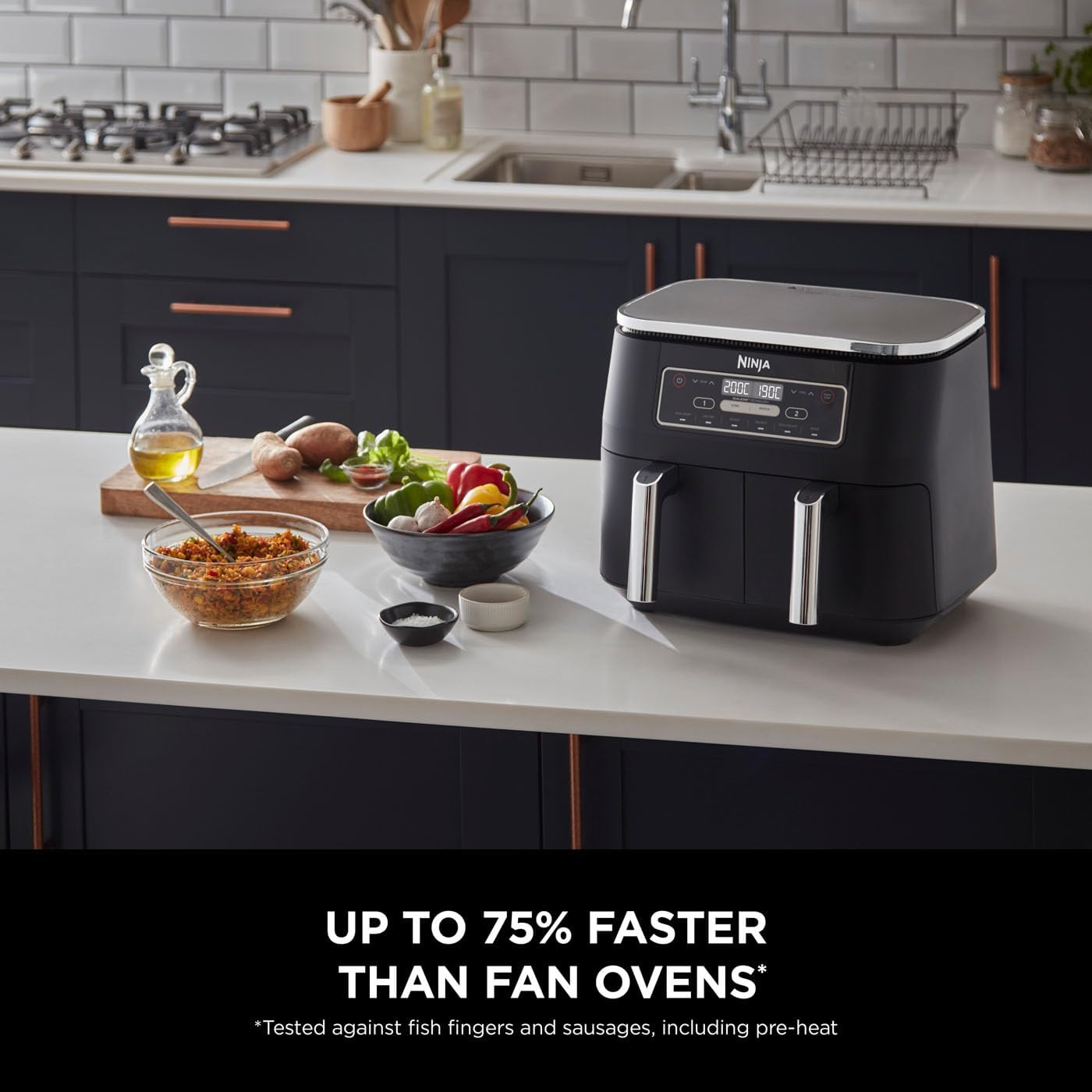 Ninja Foodi Dual Zone Digital Air Fryer, 2 Drawers, 7.6L, 6-in-1, Uses No Oil, Air Fry, Max Crisp, Roast, Bake, Reheat, Dehydrate, Cooks 4-6 Portions, Non-Stick, Dishwasher Safe Baskets, Black AF300UK