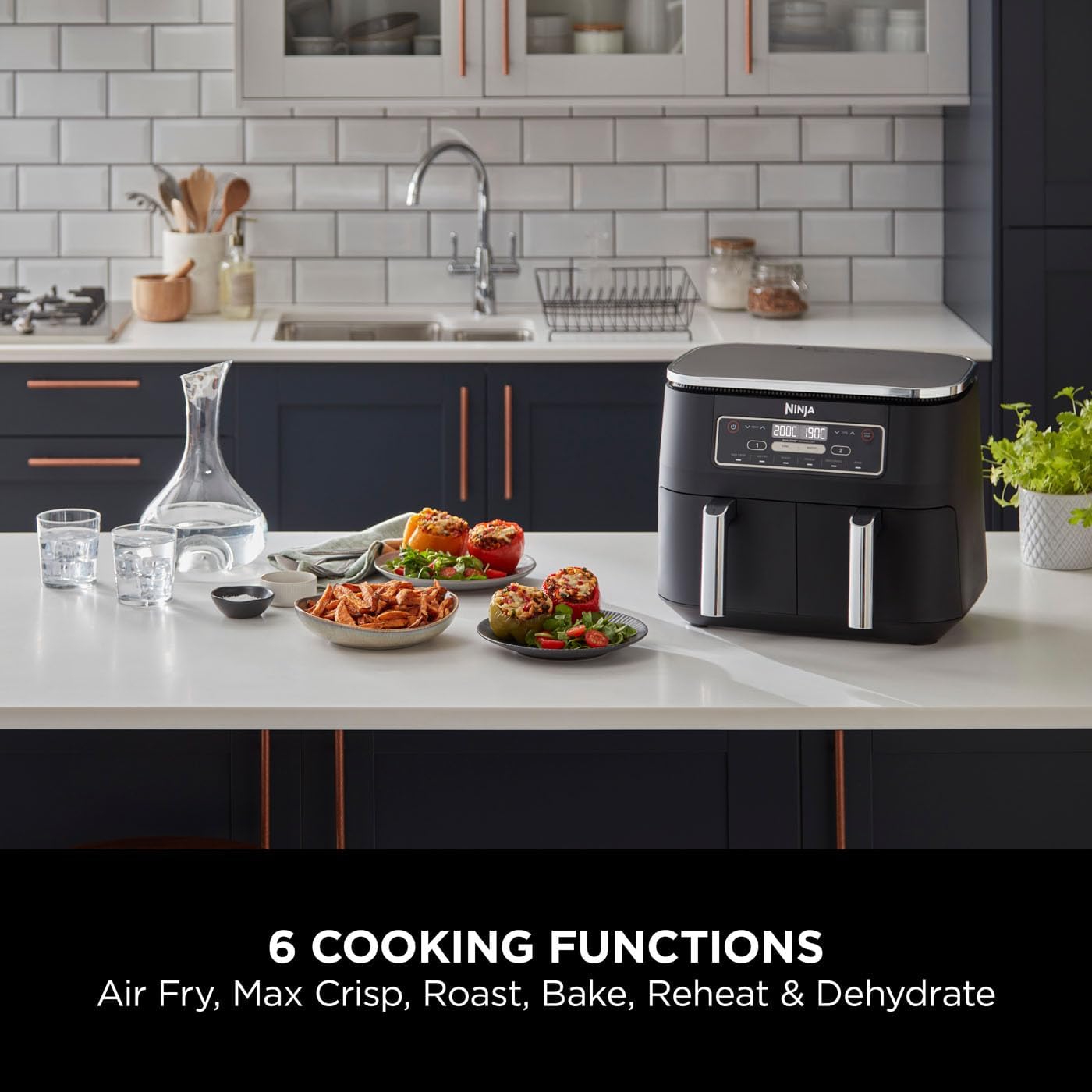 Ninja Foodi Dual Zone Digital Air Fryer, 2 Drawers, 7.6L, 6-in-1, Uses No Oil, Air Fry, Max Crisp, Roast, Bake, Reheat, Dehydrate, Cooks 4-6 Portions, Non-Stick, Dishwasher Safe Baskets, Black AF300UK