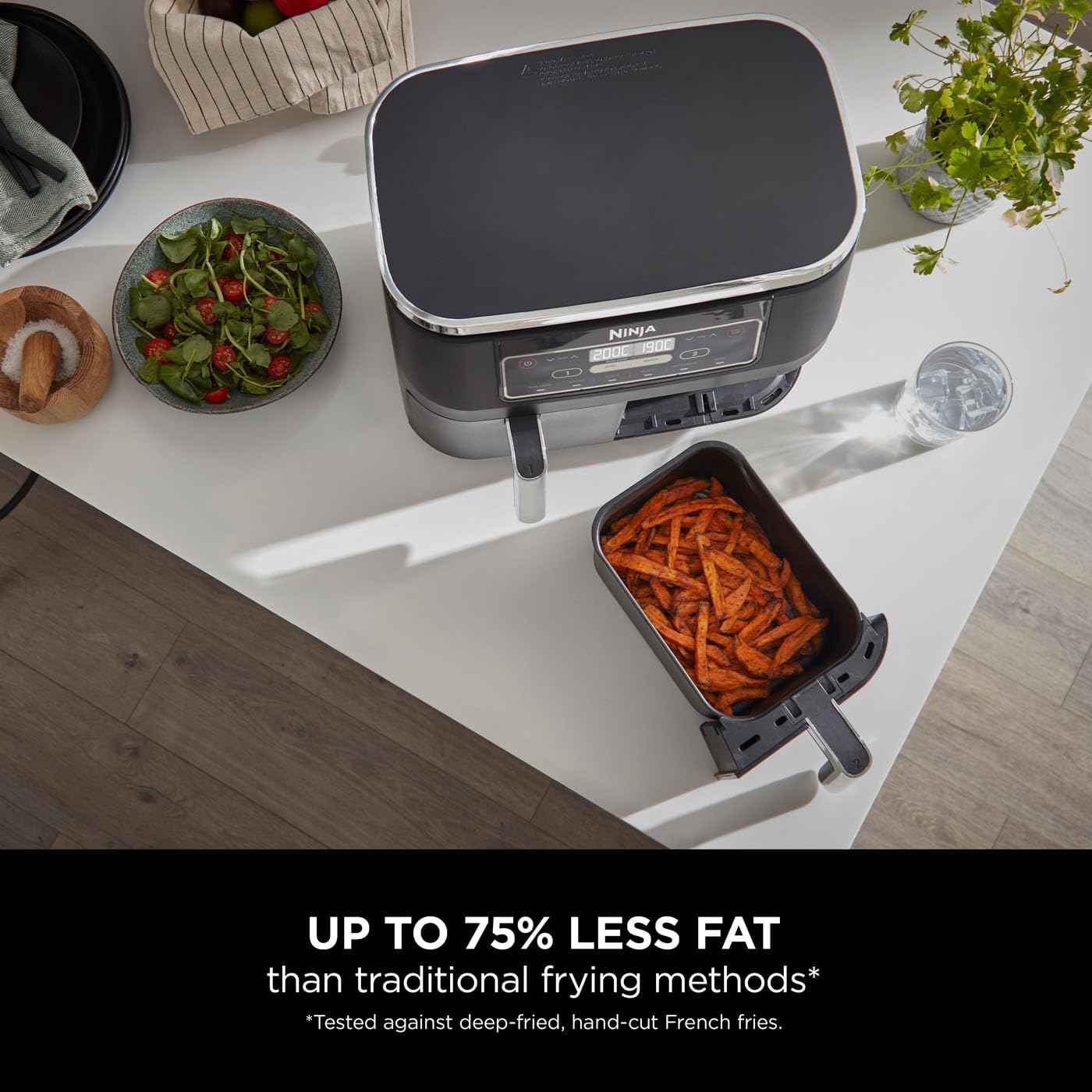 Ninja Foodi Dual Zone Digital Air Fryer, 2 Drawers, 7.6L, 6-in-1, Uses No Oil, Air Fry, Max Crisp, Roast, Bake, Reheat, Dehydrate, Cooks 4-6 Portions, Non-Stick, Dishwasher Safe Baskets, Black AF300UK
