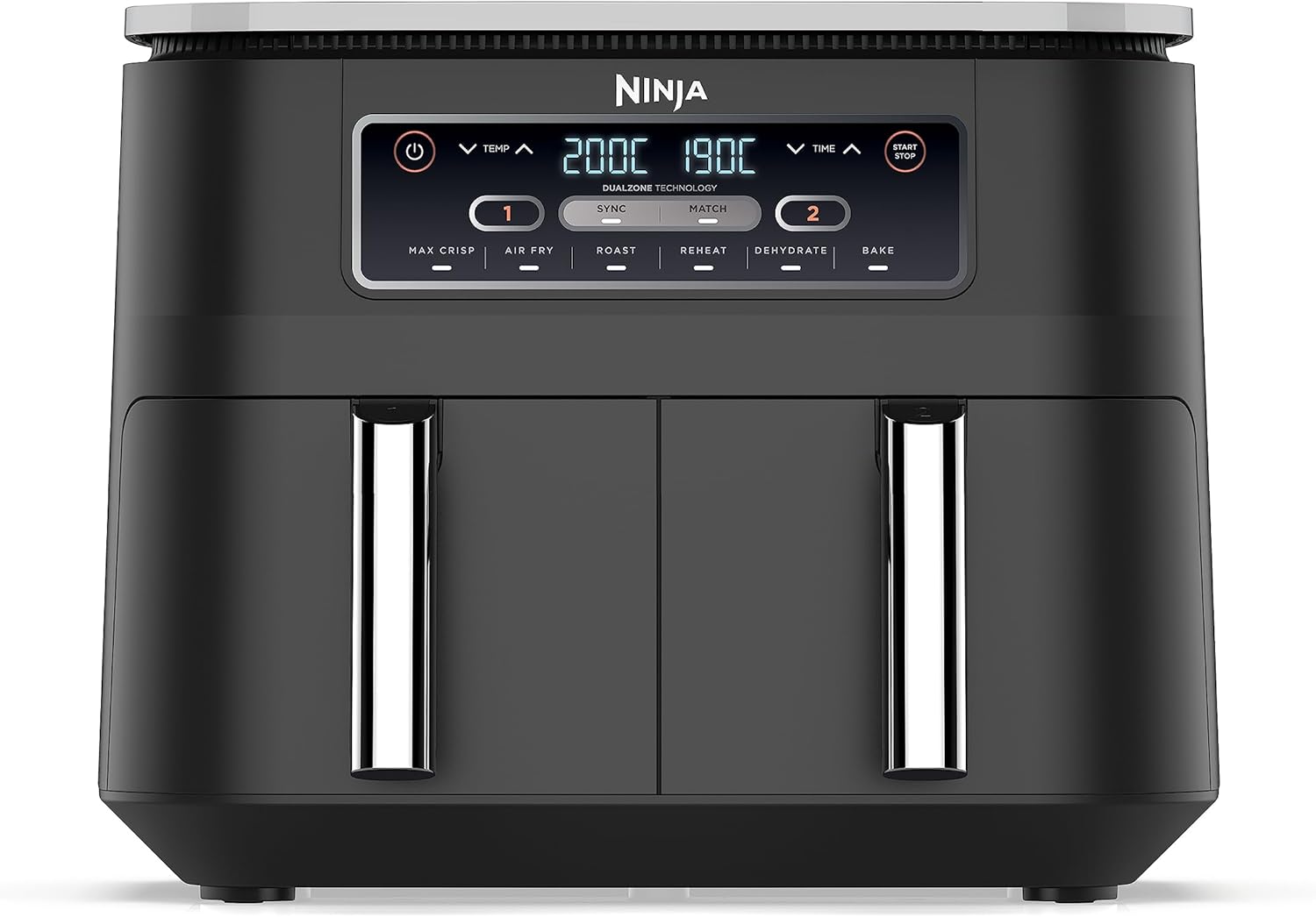 Ninja Foodi Dual Zone Digital Air Fryer, 2 Drawers, 7.6L, 6-in-1, Uses No Oil, Air Fry, Max Crisp, Roast, Bake, Reheat, Dehydrate, Cooks 4-6 Portions, Non-Stick, Dishwasher Safe Baskets, Black AF300UK