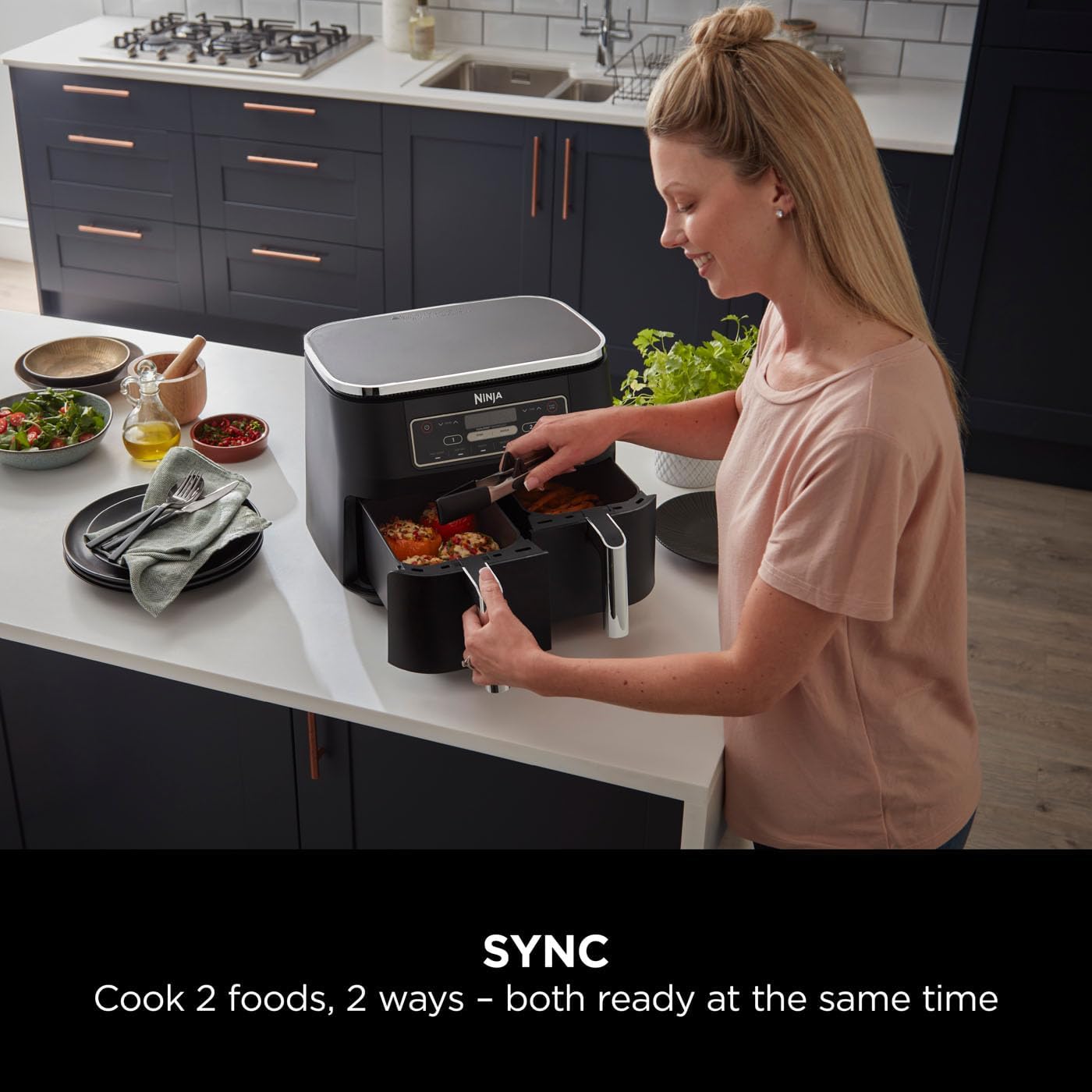 Ninja Foodi Dual Zone Digital Air Fryer, 2 Drawers, 7.6L, 6-in-1, Uses No Oil, Air Fry, Max Crisp, Roast, Bake, Reheat, Dehydrate, Cooks 4-6 Portions, Non-Stick, Dishwasher Safe Baskets, Black AF300UK