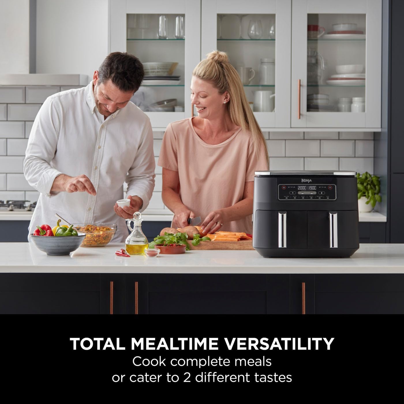 Ninja Foodi Dual Zone Digital Air Fryer, 2 Drawers, 7.6L, 6-in-1, Uses No Oil, Air Fry, Max Crisp, Roast, Bake, Reheat, Dehydrate, Cooks 4-6 Portions, Non-Stick, Dishwasher Safe Baskets, Black AF300UK