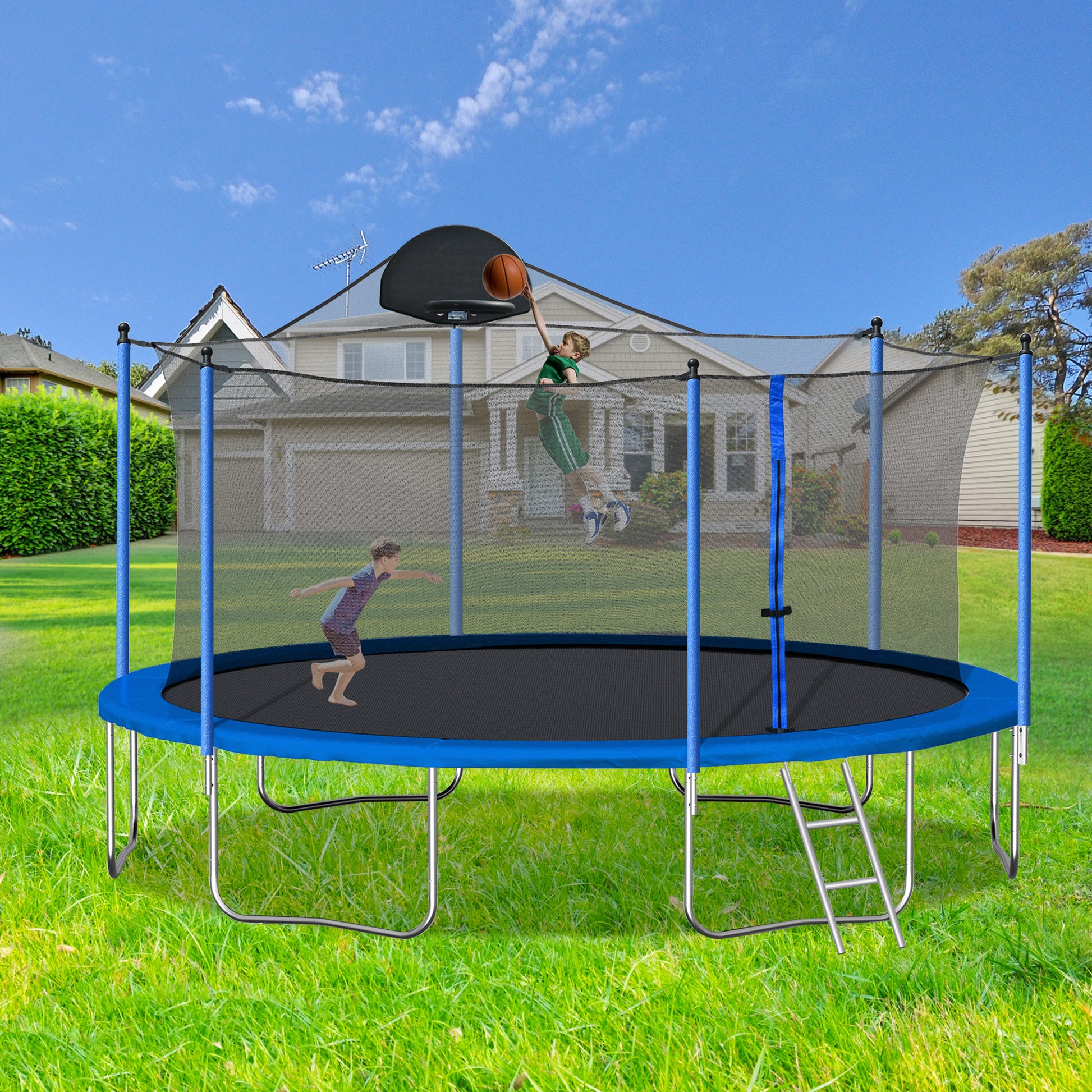 14FT Trampoline for Adults & Kids with Basketball Hoop, Outdoor Trampolines w/Ladder and Safety Enclosure Net for Kids and Adult eprolo