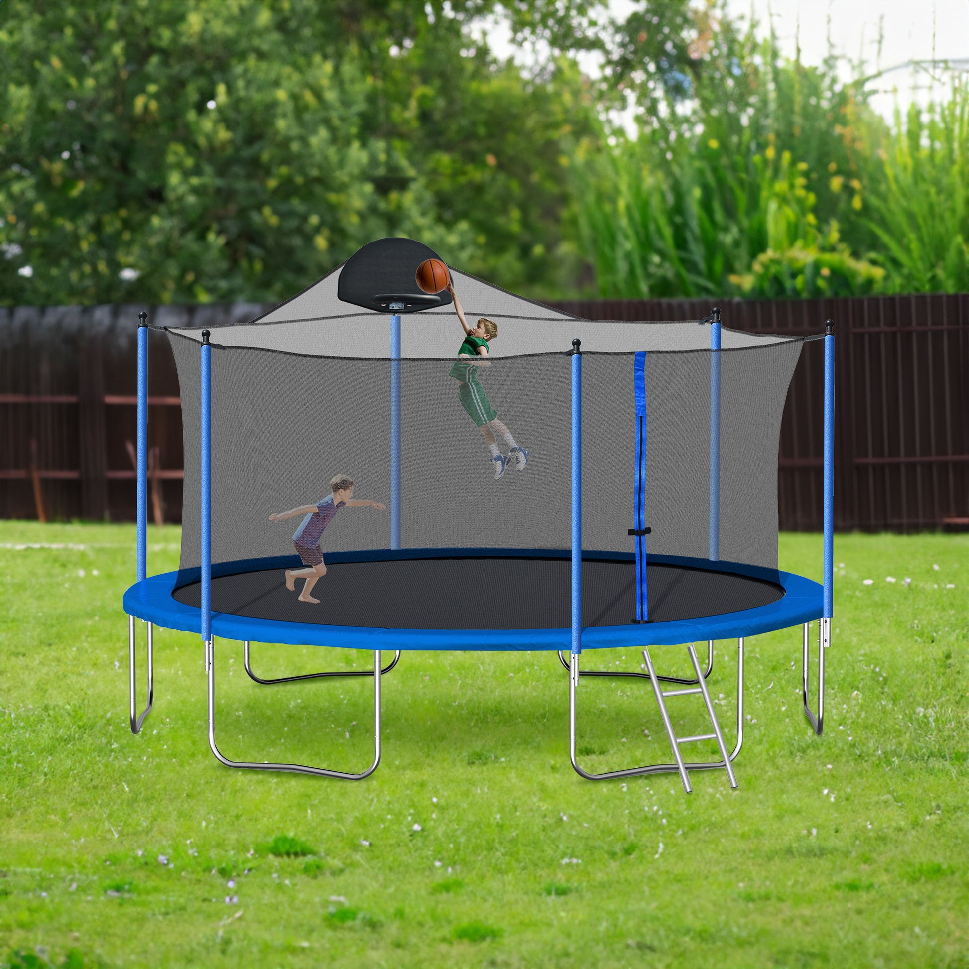 14FT Trampoline for Adults & Kids with Basketball Hoop, Outdoor Trampolines w/Ladder and Safety Enclosure Net for Kids and Adult eprolo