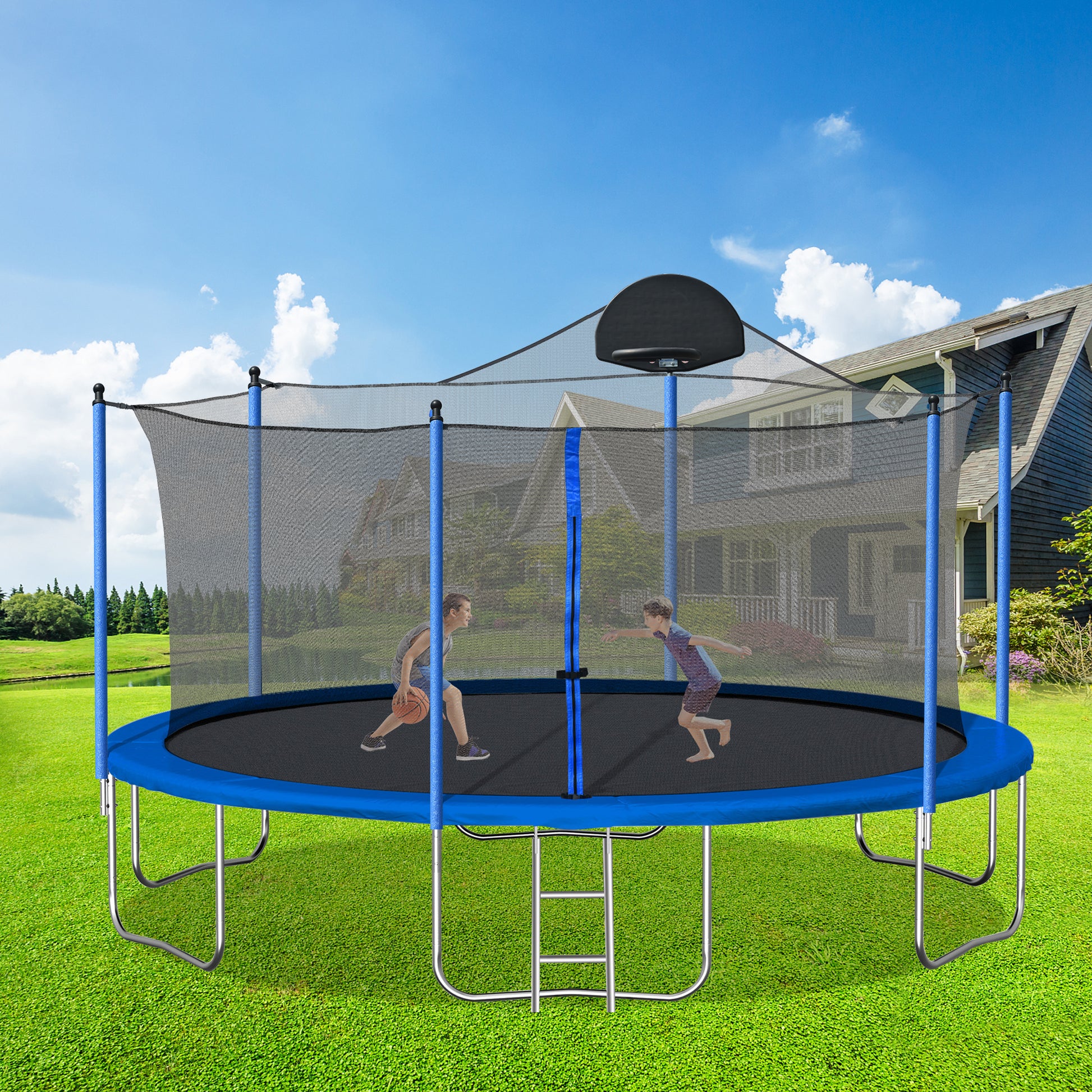 14FT Trampoline for Adults & Kids with Basketball Hoop, Outdoor Trampolines w/Ladder and Safety Enclosure Net for Kids and Adult eprolo