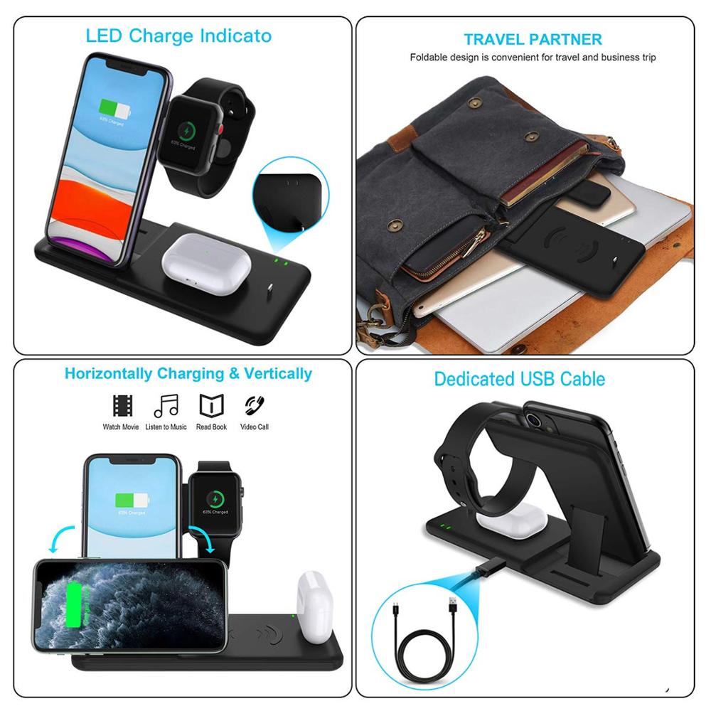 15W Qi Fast Wireless Charger Stand For iPhone 11 XR X 8 Apple Watch 4 in 1 Foldable Charging Dock Station eprolo