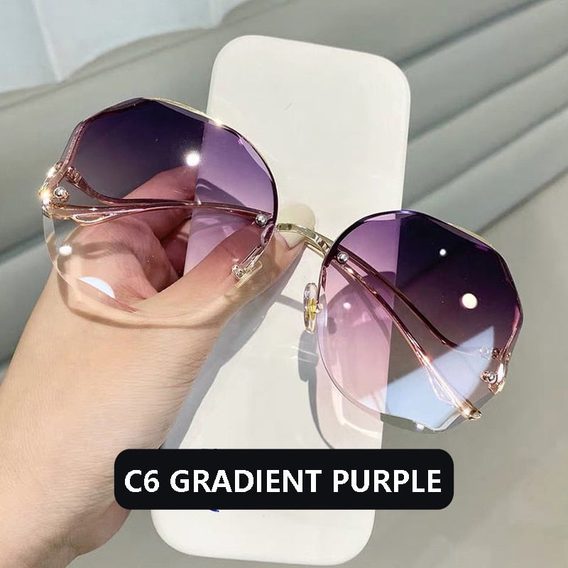 2022 Fashion Tea Gradient Sunglasses Women Ocean Water Cut Trimmed Lens Metal Curved Temples Sun Glasses Female UV400 Best Find