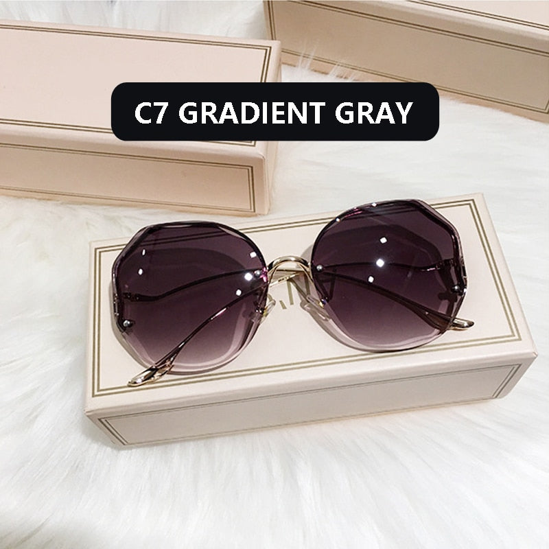 2022 Fashion Tea Gradient Sunglasses Women Ocean Water Cut Trimmed Lens Metal Curved Temples Sun Glasses Female UV400 Best Find