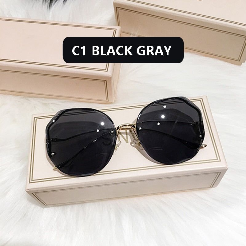 2022 Fashion Tea Gradient Sunglasses Women Ocean Water Cut Trimmed Lens Metal Curved Temples Sun Glasses Female UV400 Best Find