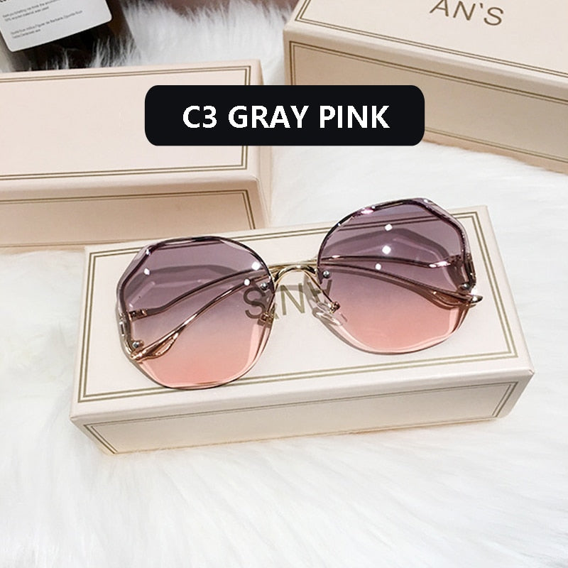 2022 Fashion Tea Gradient Sunglasses Women Ocean Water Cut Trimmed Lens Metal Curved Temples Sun Glasses Female UV400 Best Find