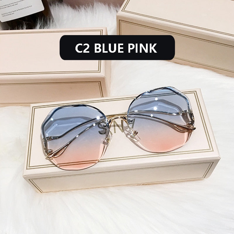 2022 Fashion Tea Gradient Sunglasses Women Ocean Water Cut Trimmed Lens Metal Curved Temples Sun Glasses Female UV400 Best Find