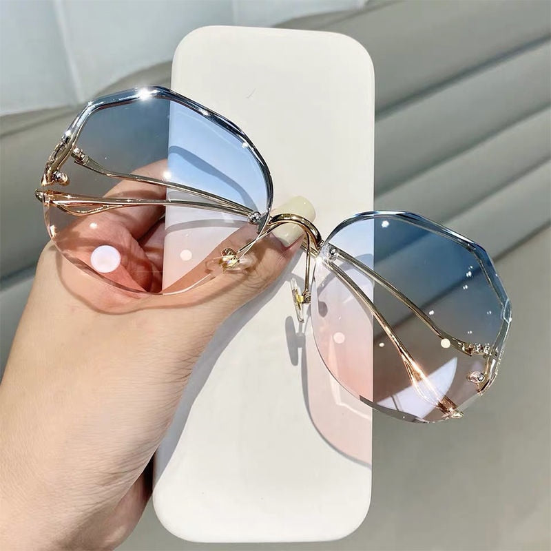 2022 Fashion Tea Gradient Sunglasses Women Ocean Water Cut Trimmed Lens Metal Curved Temples Sun Glasses Female UV400 Best Find