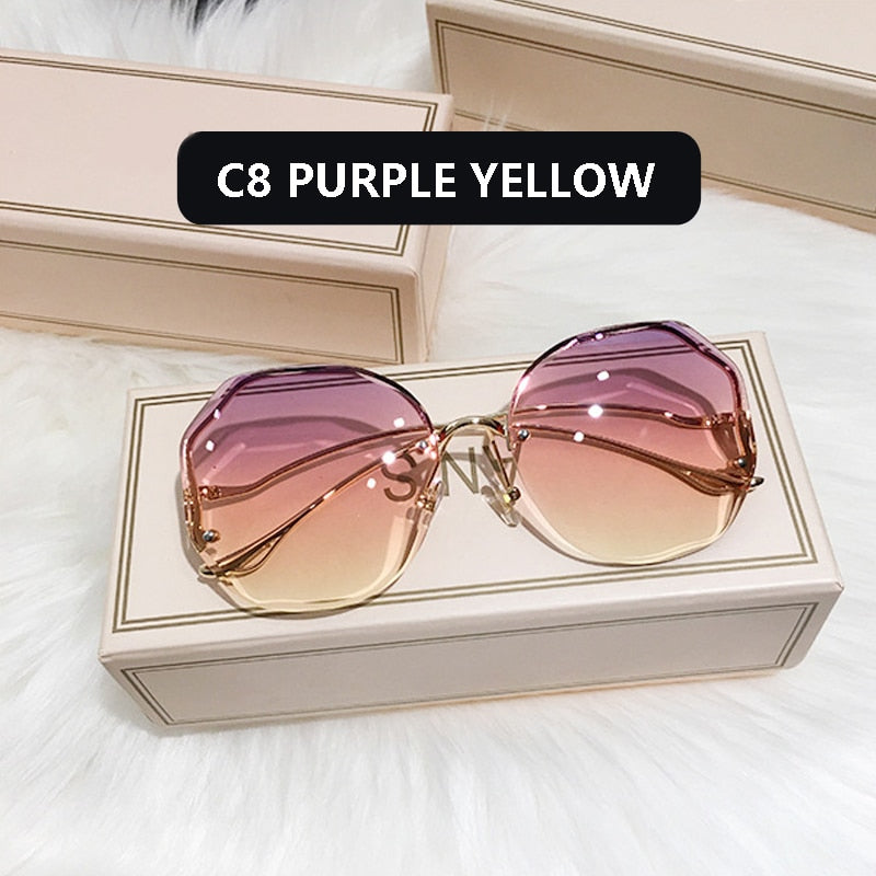 2022 Fashion Tea Gradient Sunglasses Women Ocean Water Cut Trimmed Lens Metal Curved Temples Sun Glasses Female UV400 Best Find