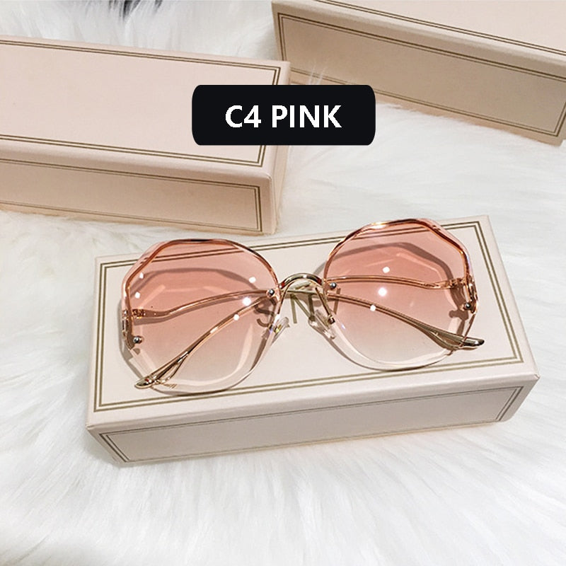 2022 Fashion Tea Gradient Sunglasses Women Ocean Water Cut Trimmed Lens Metal Curved Temples Sun Glasses Female UV400 Best Find